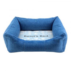 Personalised Blue Comfort Dog Bed With Blue Paw Print Design