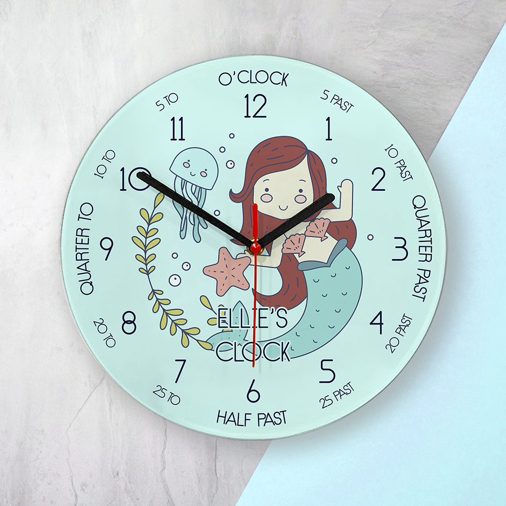 Personalised Kids Mermaid Glass Clock Large The Gift Gazebo